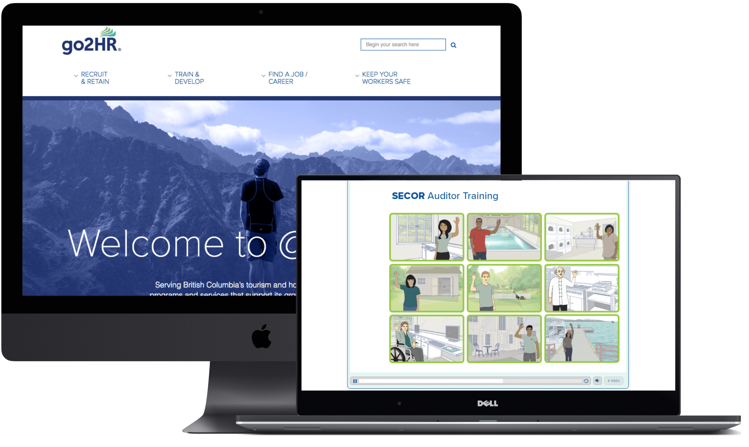 Desktop screenshots of go2hr website redesign and module interfaces.